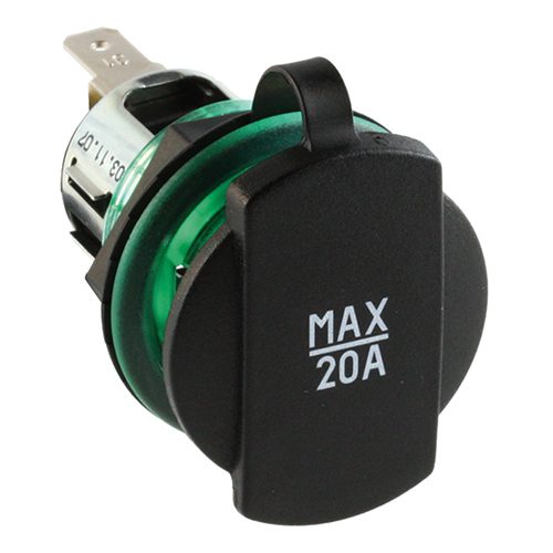 Power-Steckdose, 12/24V, max.20A, mit Gewindehülse grün Frontalbefestigung Ø27,8mm, mit Deckel