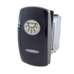 on-on Schalter, 24V/15A, Contura V, LED 1 grün hell, LED 2 grün hell, ovale und schmale Linse weiß, Symbol „Innenlicht“