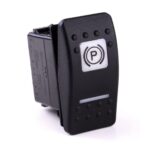on-on Doppelschalter, 12V/20A, Contura II, LED 1 rot hell, LED 2 grün hell, quadratische und schmale Linse weiß, Symbol „Parkbremse“