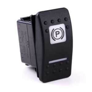 on-on Doppelschalter, 12V/20A, Contura II, LED 1 rot hell, LED 2 grün hell, quadratische und schmale Linse weiß, Symbol "Parkbremse"